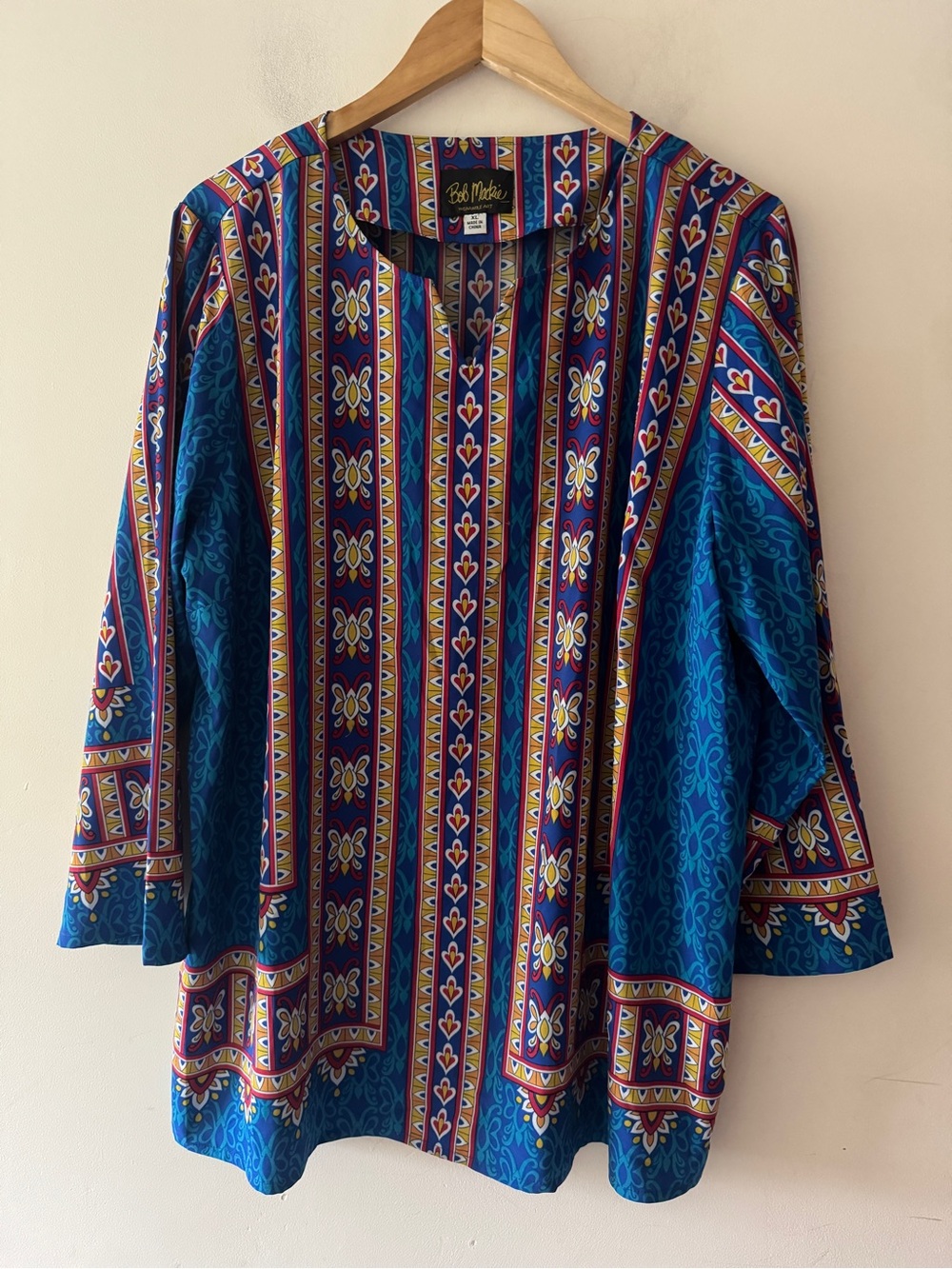Bob Mackie Wearable Art Ethnic Butterfly Print Blue Red Yellow Top Blouse Shirt